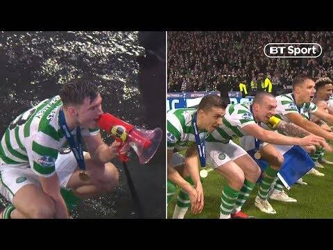 Kieran Tierney grabs megaphone to lead Celtic celebrations after Betfred Cup win!