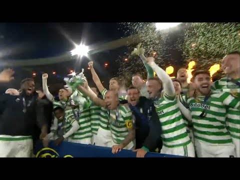 Celtic lift the Scottish Cup trophy and celebrate quadruple treble Celtic lift the Scottish Cup trophy and celebrate quadruple treble