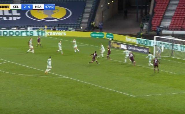 Photo: Celtic’s defensive woes are laid clear as they are outnumbered in their own box for Hearts to make it 2-1 Photo: Celtic’s defensive woes are laid clear as they are outnumbered in their own box for Hearts to make it 2-1