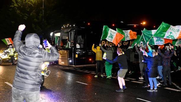 Photo: Team bus leaves Hampden with fans there to pay tribute to Quadruple Treble winners Photo: Team bus leaves Hampden with fans there to pay tribute to Quadruple Treble winners