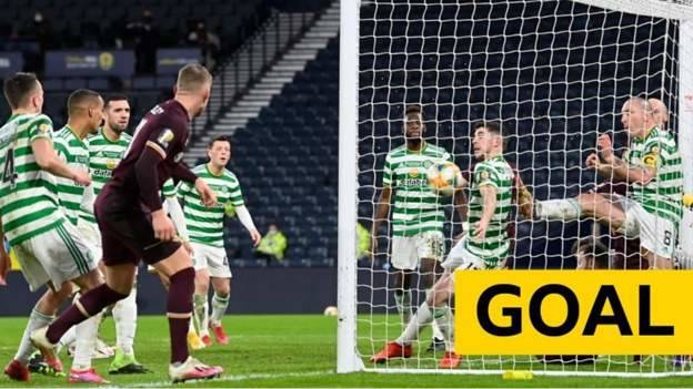 Scottish Cup final: Stephen Kingsley’s header crosses the line to pull Hearts level with Celtic at Hampden. Scottish Cup final: Stephen Kingsley’s header crosses the line to pull Hearts level with Celtic at Hampden.