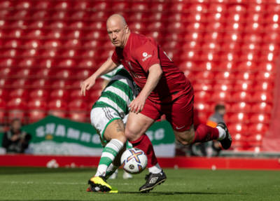 Former Liverpool star looks unrecognisable as he plays for his old side in legends’ match against Celtic