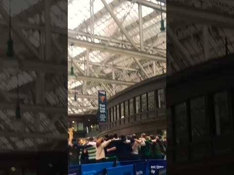 GLASGOW CENTRAL HUDDLE Celtic fans celebrate 1-0 v rangers Scottish cup