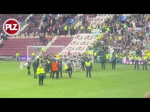 Celtic players celebrate title win with their fans at Tynecastle