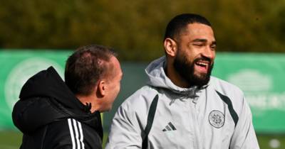 Cameron Carter Vickers pictured in Celtic training as Brendan Rodgers all smiles with returning defender