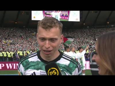 Celtic’s Alistair Johnston reacts to winning the Scottish Cup final against Rangers