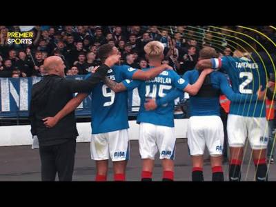 Rangers players and staff celebrate with fans following Premier Sports Cup Second Round win