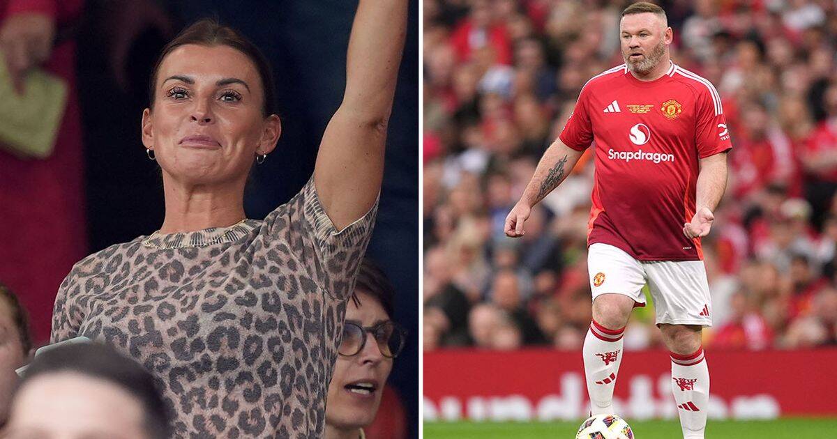 Coleen Rooney all smiles as she cheers on husband Wayne Rooney at Man United Legends match