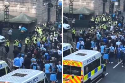 Slovan Bratislava crowd clash with Celtic punters & police outside pub Slovan Bratislava crowd clash with Celtic punters & police outside pub
