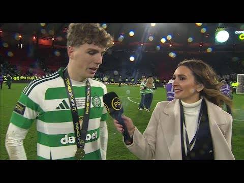 Celtic’s Arne Engels reacts to winning first trophy for the club after Premier Sports Cup final