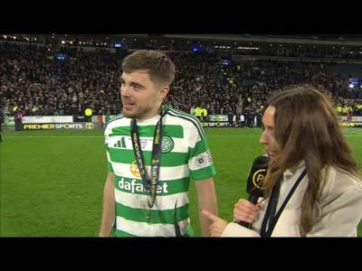 Celtic’s James Forrest reacts after winning Premier Sports Cup Final against Rangers