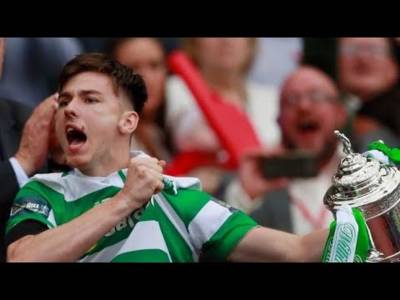 Kieran Tierney Running Up the Hampden Stairs to Lift the Scottish Cup for Celtic