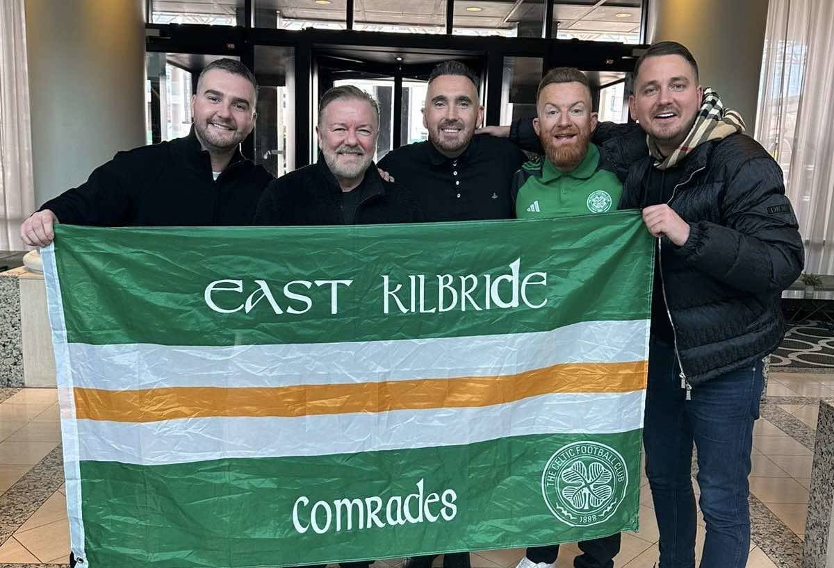 Ricky Gervais spotted posing with Celtic fans ahead of Champions League match against Aston Villa