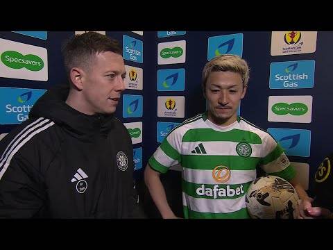 Daizen Maeda and Callum McGregor react to Celtic’s win over Raith Rovers