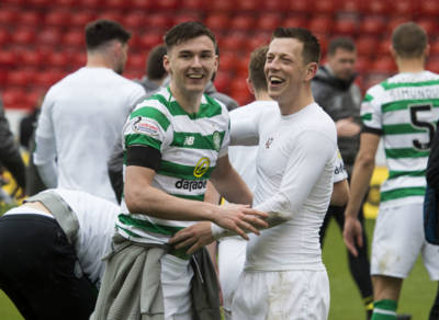 Callum McGregor in contact with Kieran Tierney as he seeks Taylor dual Celtic threat