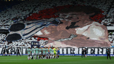 Rangers fans unveil giant ‘rebel scum’ banner with picture of man with shotgun pointing straight at Celtic support