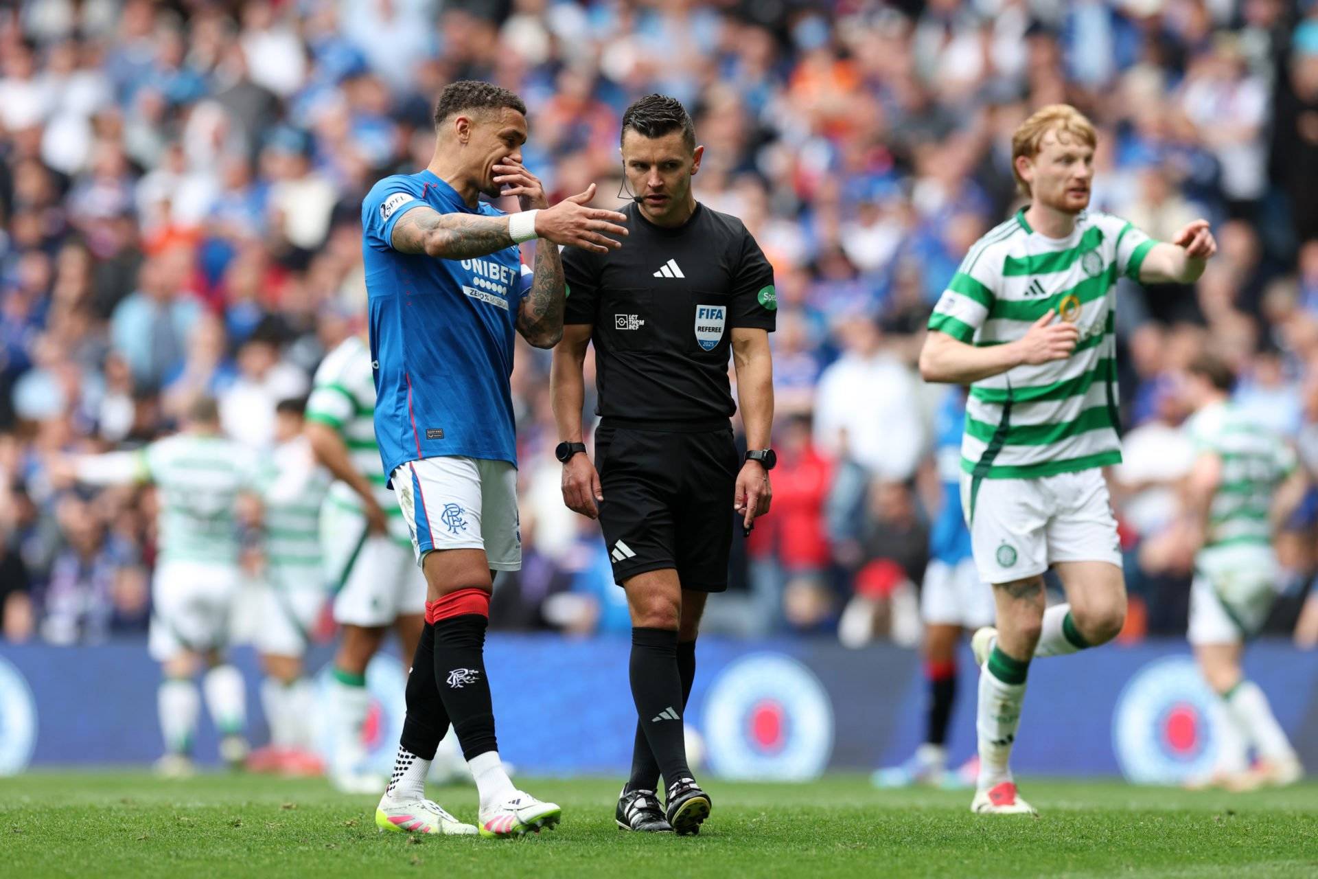 What a Rangers bench player did moments after glass bottle thrown at Celtic’s Viljami Sinisalo