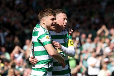 Leigh Griffiths, Joe Hart, Stephen Welsh and Joe Ledley react to James Forrest’s record-breaking goal