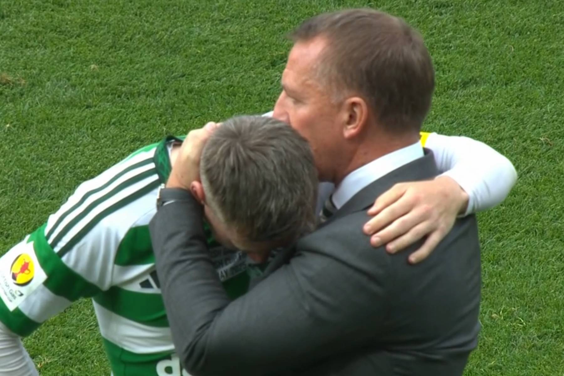 Teary Celtic captain McGregor comforted by Schmeichel & Rodgers after penalty miss
