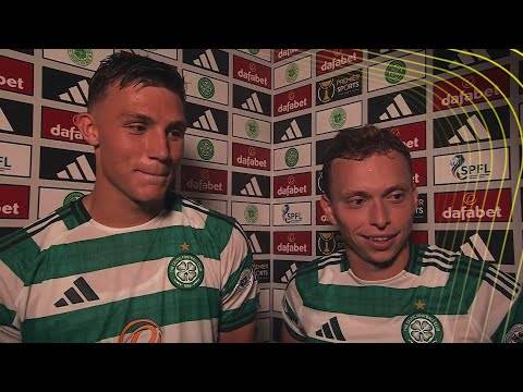 Celtic’s Dane Murray and Alistair Johnston react after scoring in victory against Falkirk