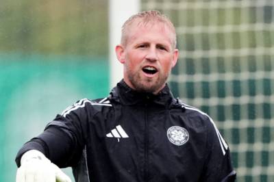 Celtic goalkeeper Kasper Schmeichel at centre of row after goalposts too big