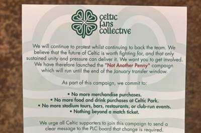Celtic supporters continue to spread ‘not another penny’ protest message