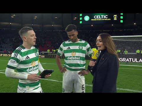 Celtic’s Callum McGregor and Auston Trusty react to Premier Sports Cup Semi-Final win over Rangers