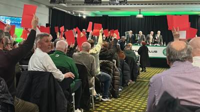 Celtic’s annual general meeting ABANDONED after angry fans jeer board and wave red cards at top table Celtic’s annual general meeting ABANDONED after angry fans jeer board and wave red cards at top table