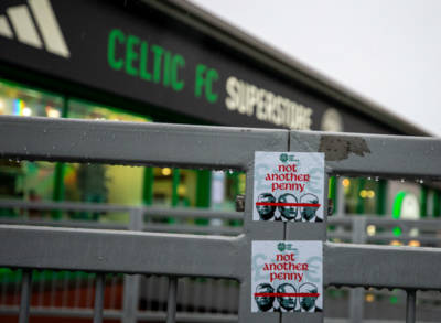 Celtic board cowering from poster power while players run the missile gauntlet at Ibrox Celtic board cowering from poster power while players run the missile gauntlet at Ibrox