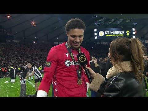 St. Mirren’s Shamal George reacts to winning the Premier Sports Cup against Celtic