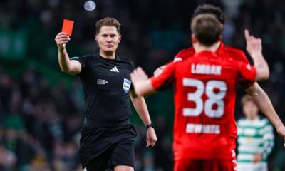 Aberdeen boss Jimmy Thelin reacts to defender Dylan Lobban’s red card in loss at Celtic
