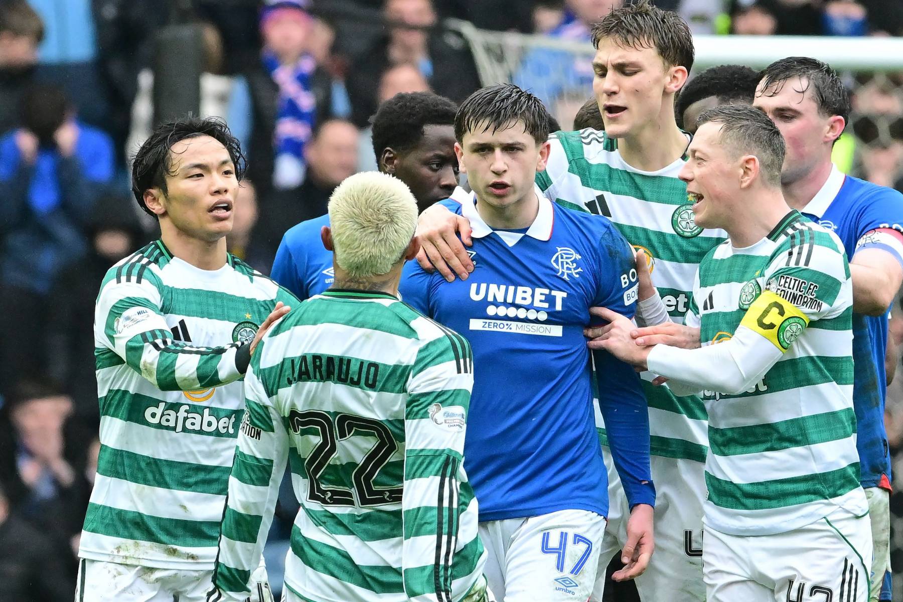 Julian Araujo goads Mikey Moore with rude gesture in Rangers vs Celtic clash