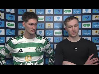 Viljami Sinisalo and Tomáš Čvančara speak after Celtic’s shootout win against Rangers
