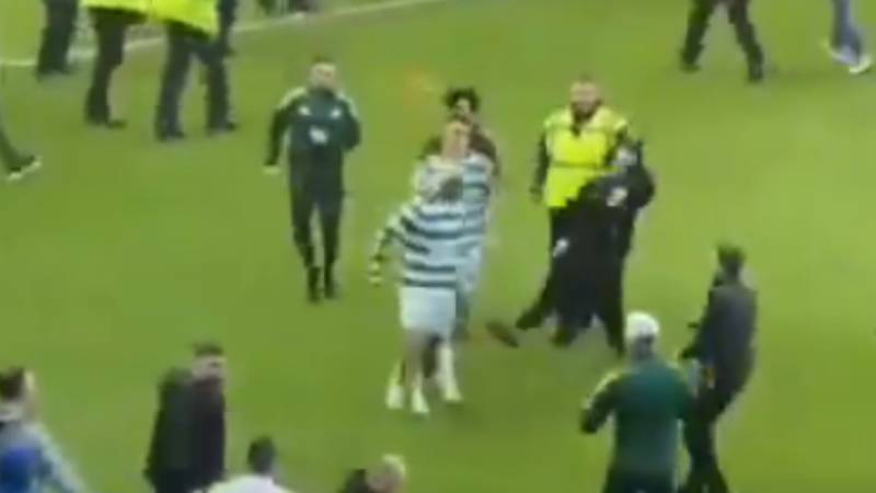 Moment Rangers fan attempts to kick Celtic star on pitch as chaos erupts after O** F*** showdown at Ibrox