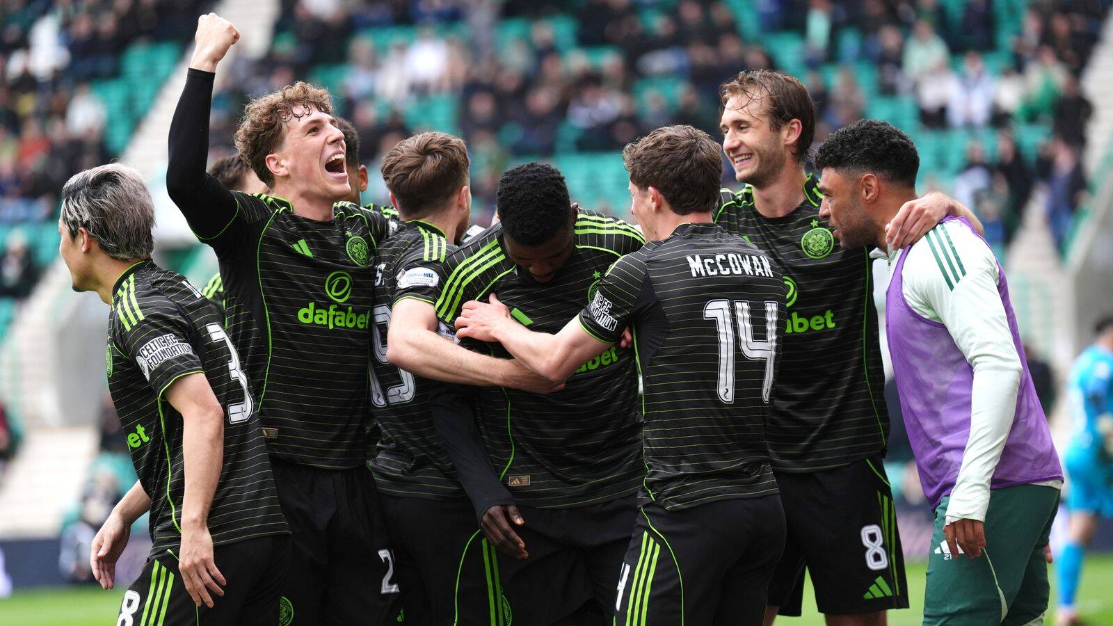 Celtic move level with Hearts after win over 10-man Hibs