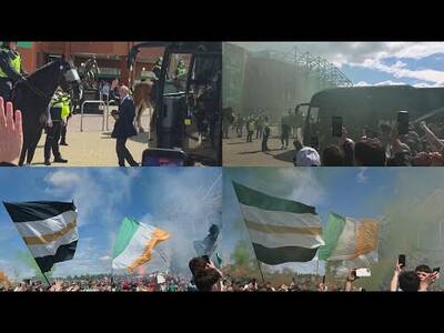 INCREDIBLE SCENES For Celtic Team Bus Arriving For Hearts Title Decider