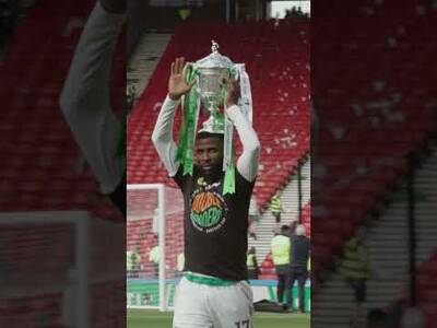 Kelechi Iheanacho enjoys carrying the Scottish Cup after Celtic win the double