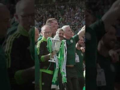 Martin O’Neill and his Celtic coaches celebrate their Scottish Cup win with the fans Martin O’Neill and his Celtic coaches celebrate their Scottish Cup win with the fans
