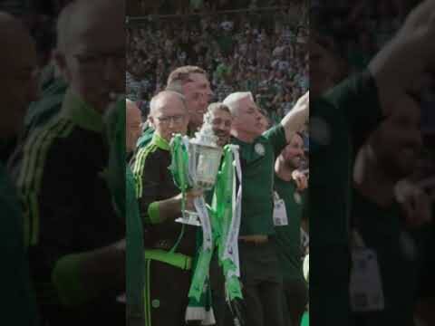 Martin O’Neill and his Celtic coaches celebrate their Scottish Cup win with the fans