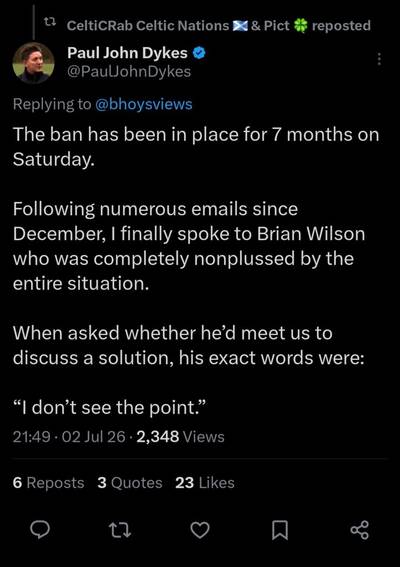 Brian Wilson finally reacts to Celtic Fan Media ban