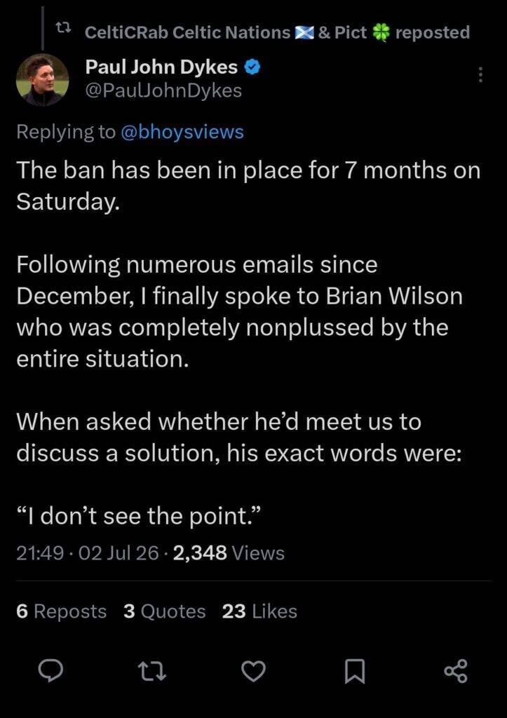 Brian Wilson finally reacts to Celtic Fan Media ban