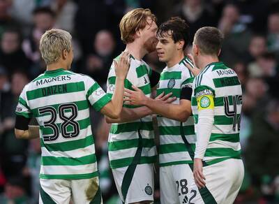 Daizen Maeda and Shin Yamada react as Paulo Bernardo seals Celtic exit