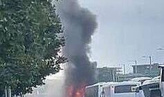Horror moment Celtic supporters’ bus bursts into flames as firefighters swarm area